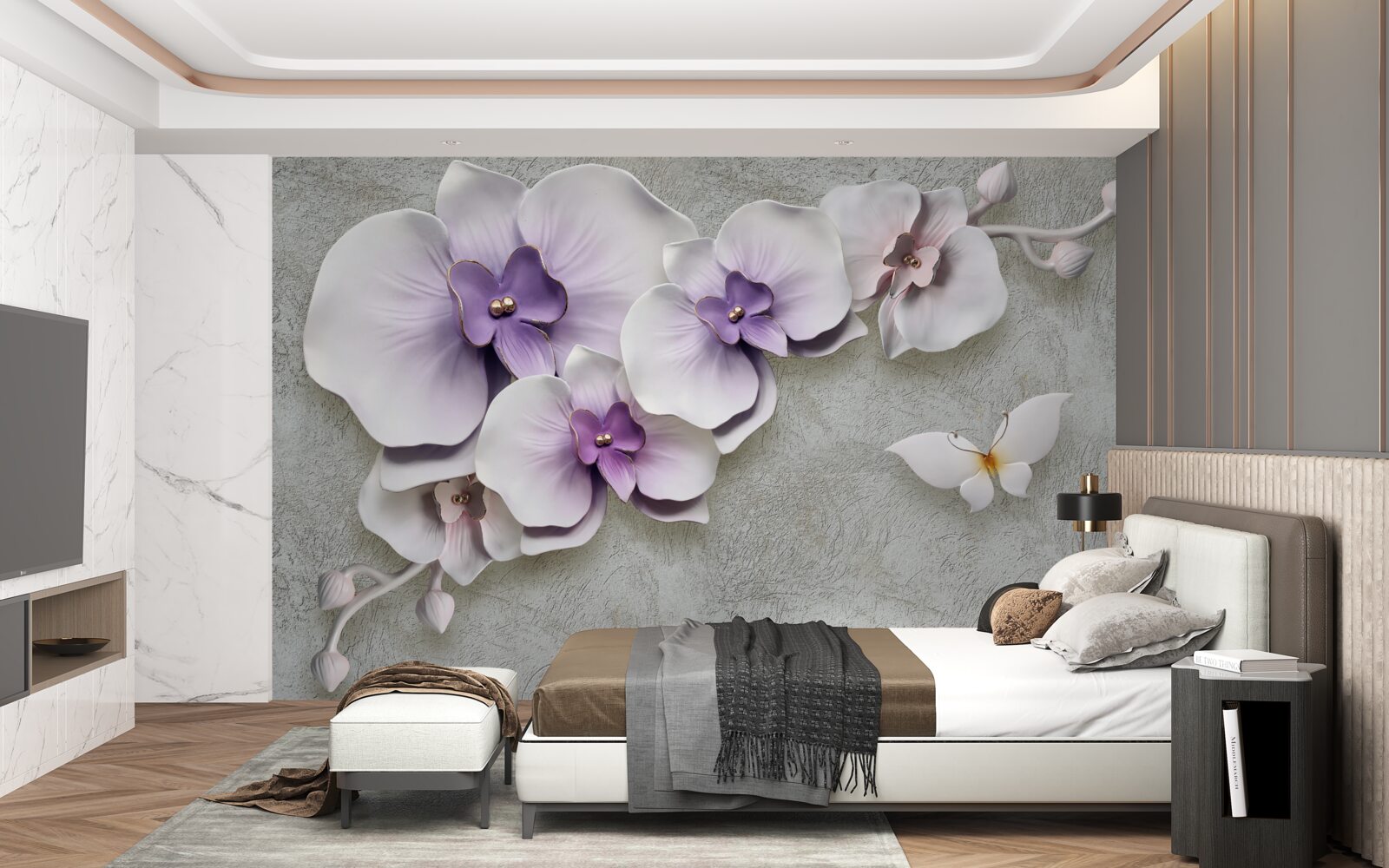 Fototapeta veľké fialové ľalie a snehovo biely motýľ