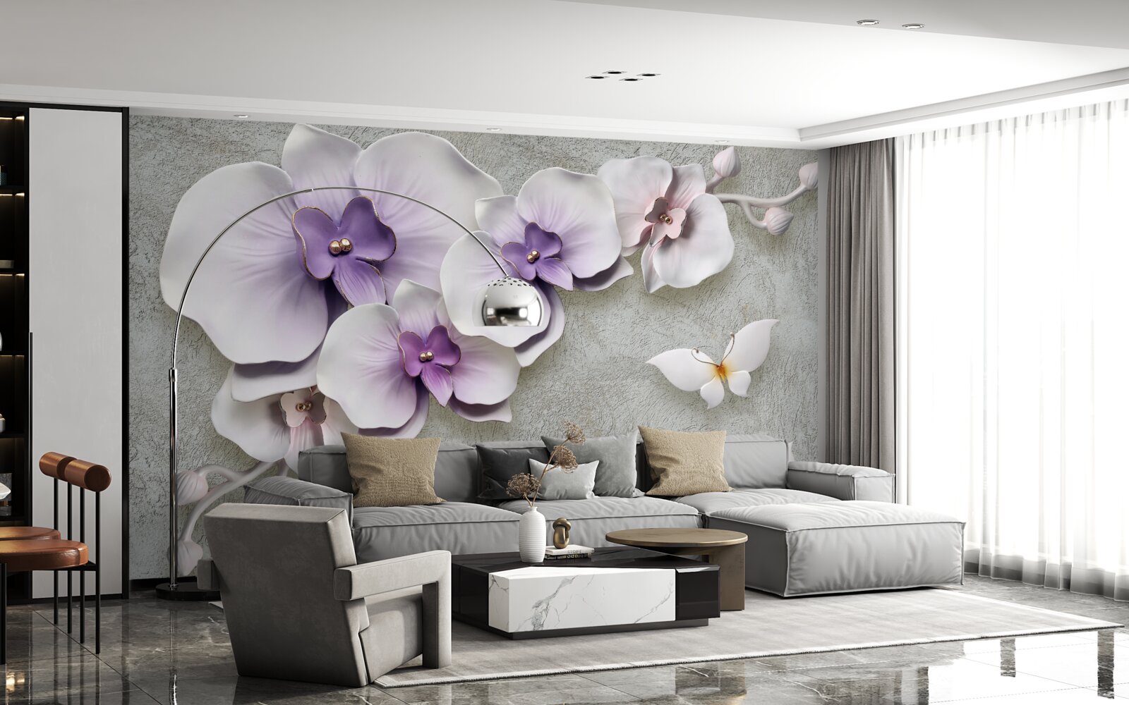 Fototapeta veľké fialové ľalie a snehovo biely motýľ