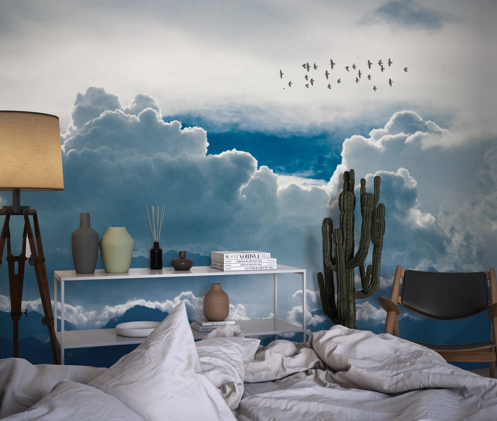 Fototapeta skupina vtákov nad hustými mrakmi