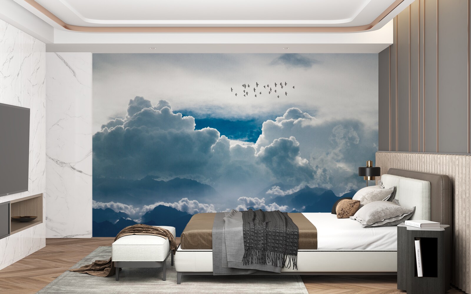 Fototapeta skupina vtákov nad hustými mrakmi