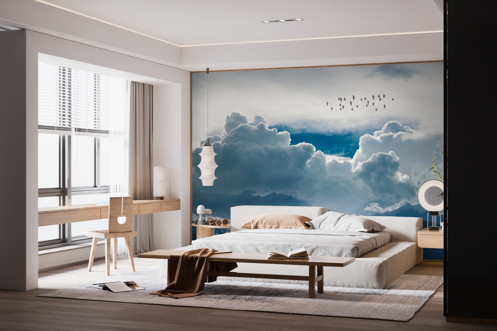 Fototapeta skupina vtákov nad hustými mrakmi