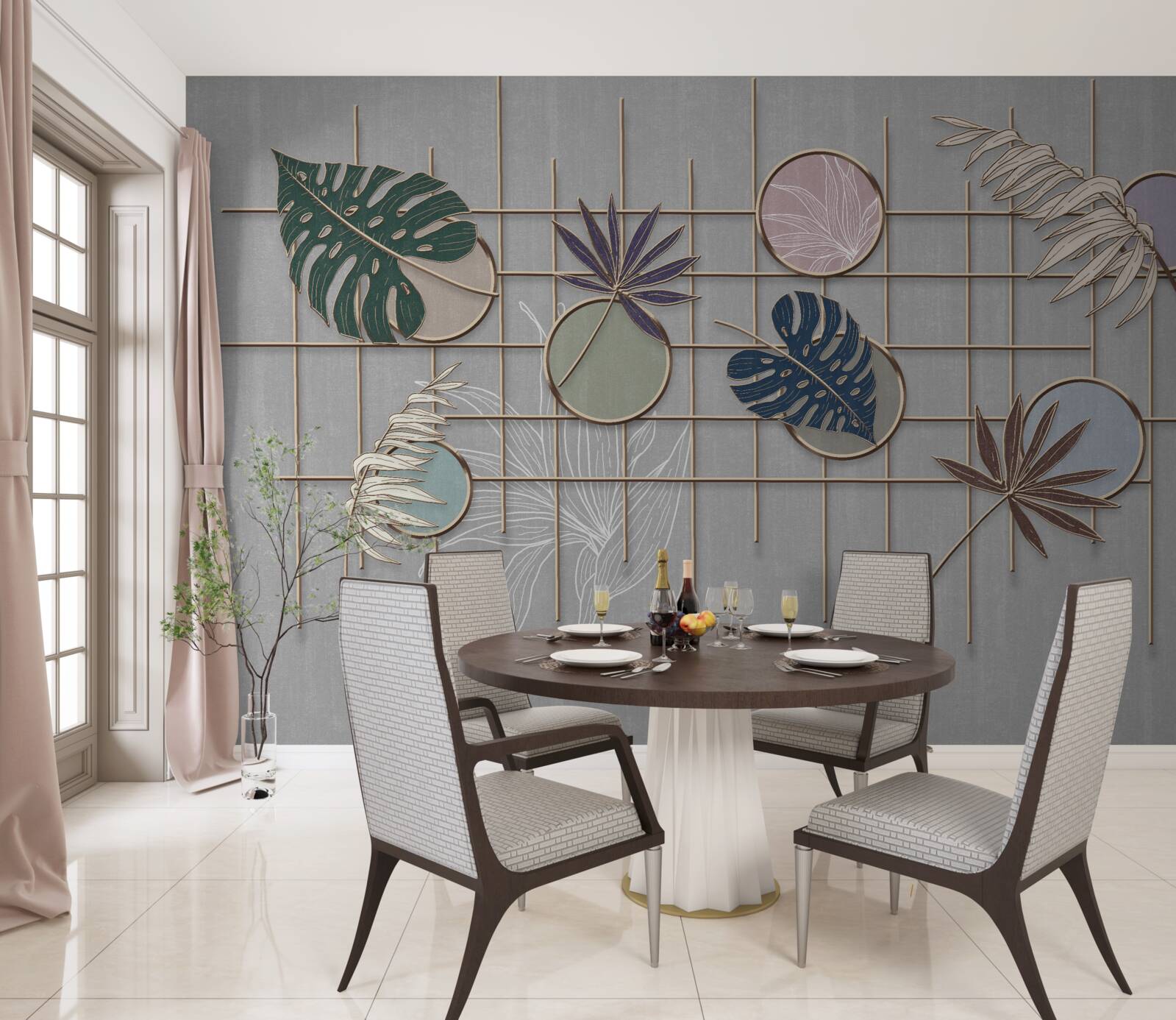 Fototapeta listy tropických rastlín na zlatom pletive