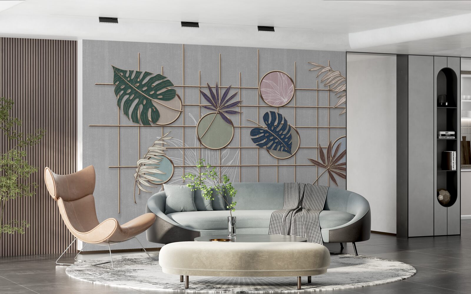 Fototapeta listy tropických rastlín na zlatom pletive