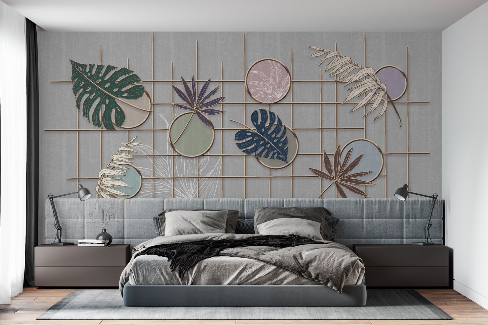 Fototapeta listy tropických rastlín na zlatom pletive