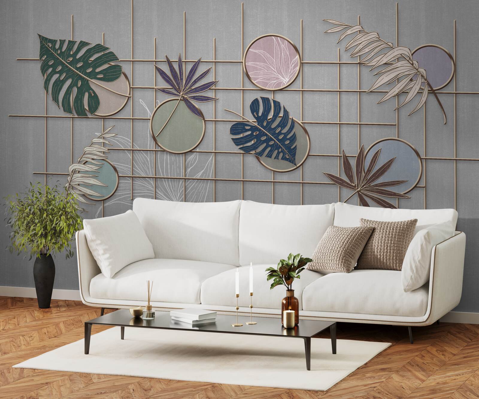 Fototapeta listy tropických rastlín na zlatom pletive