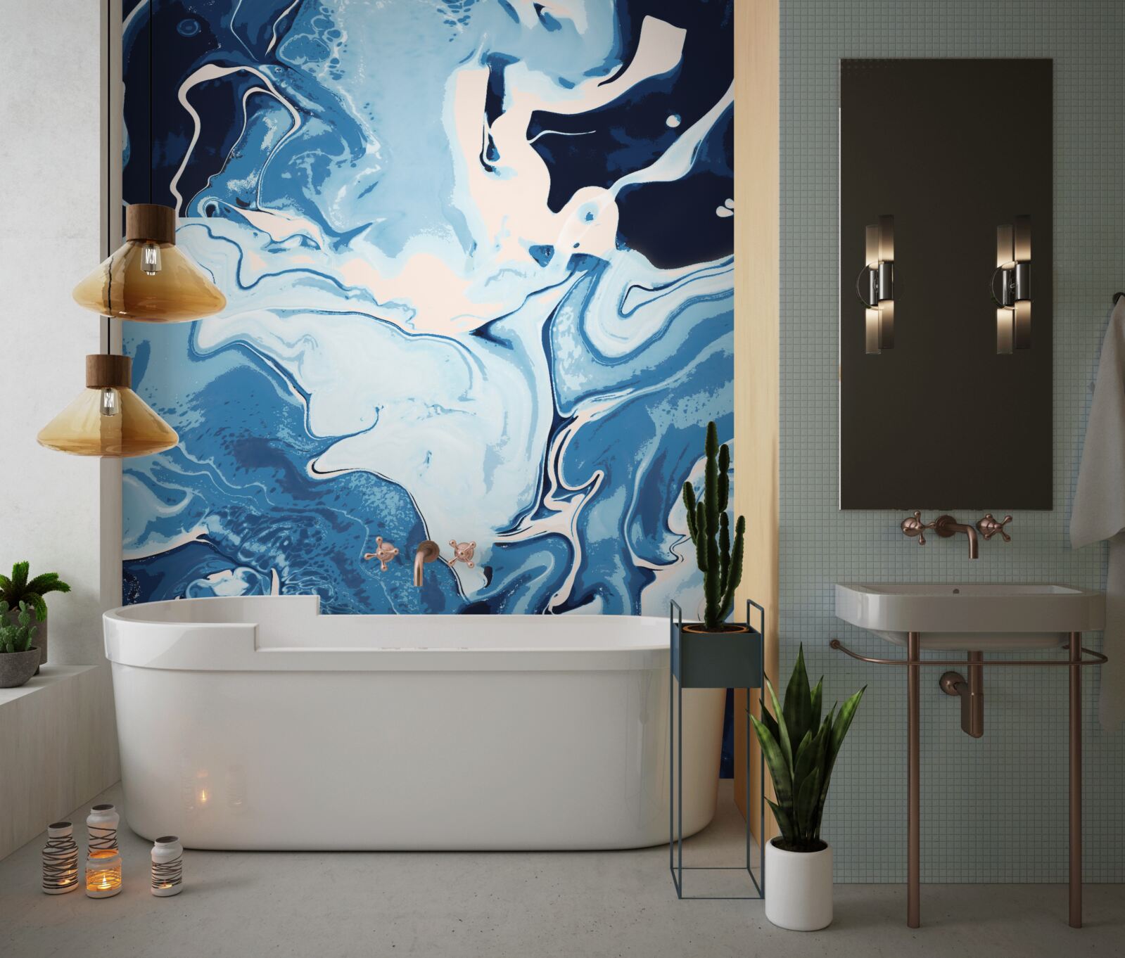 Fototapeta obraz vĺn v odtieňoch modrej na mramorovom pozadí