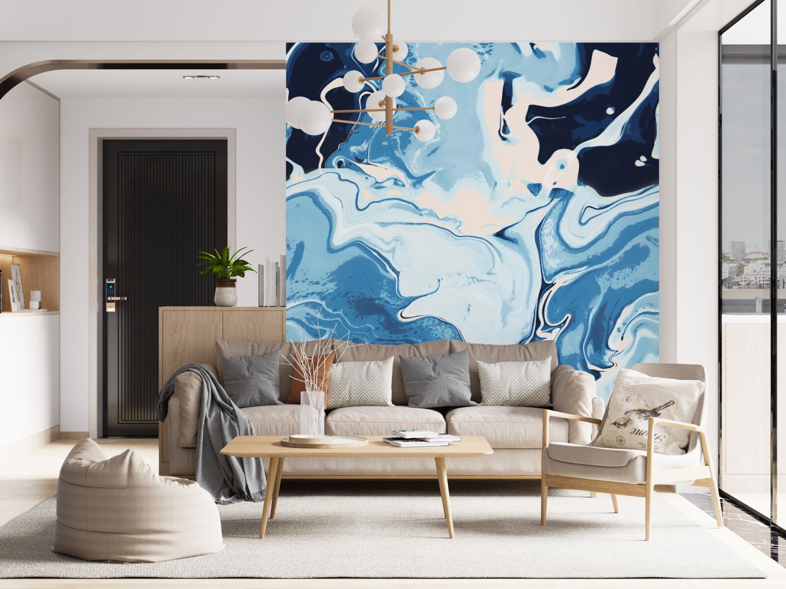 Fototapeta obraz vĺn v odtieňoch modrej na mramorovom pozadí