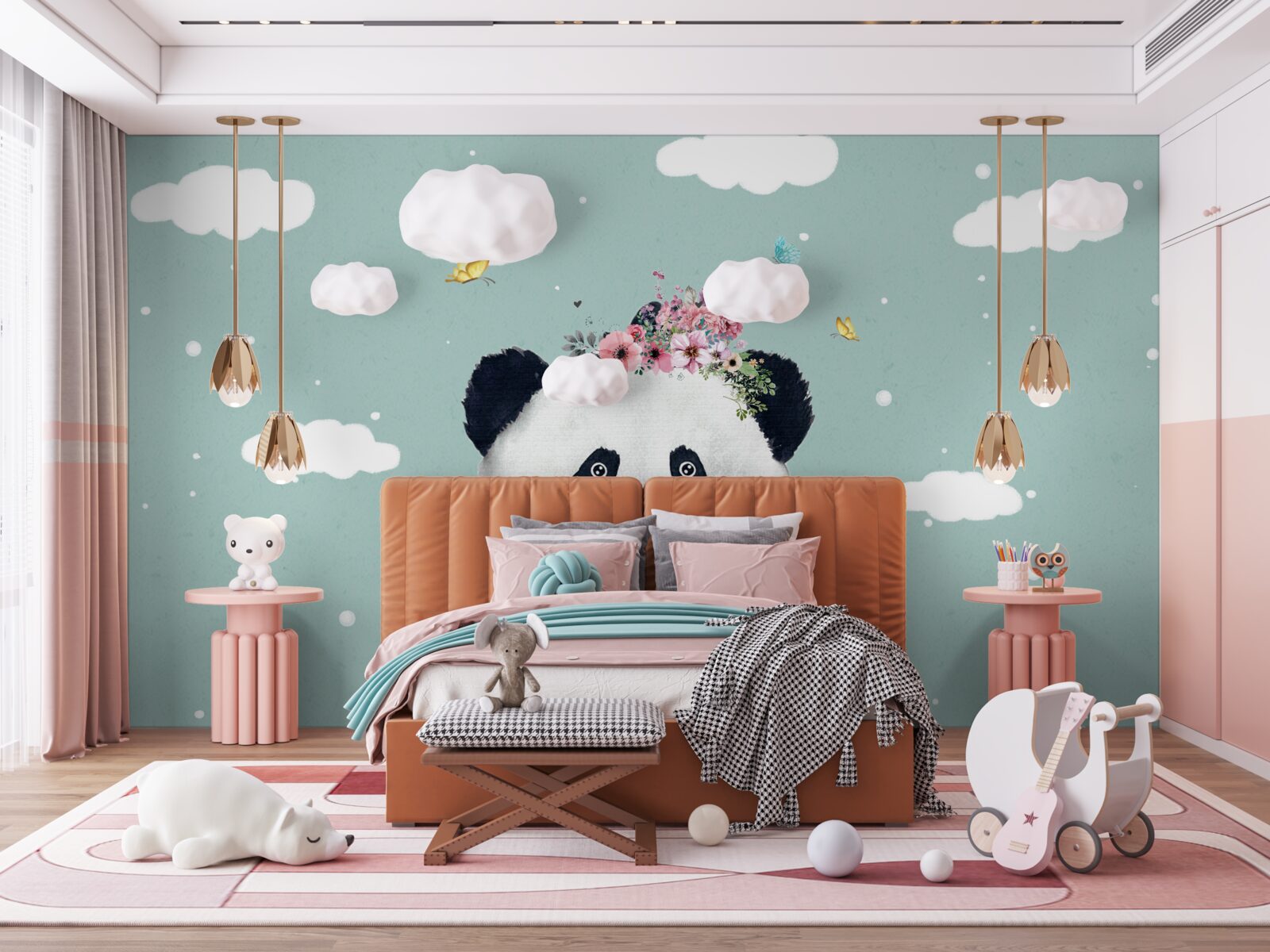 Fototapeta oblaky sa stali pozadím pre pandu s kvetmi