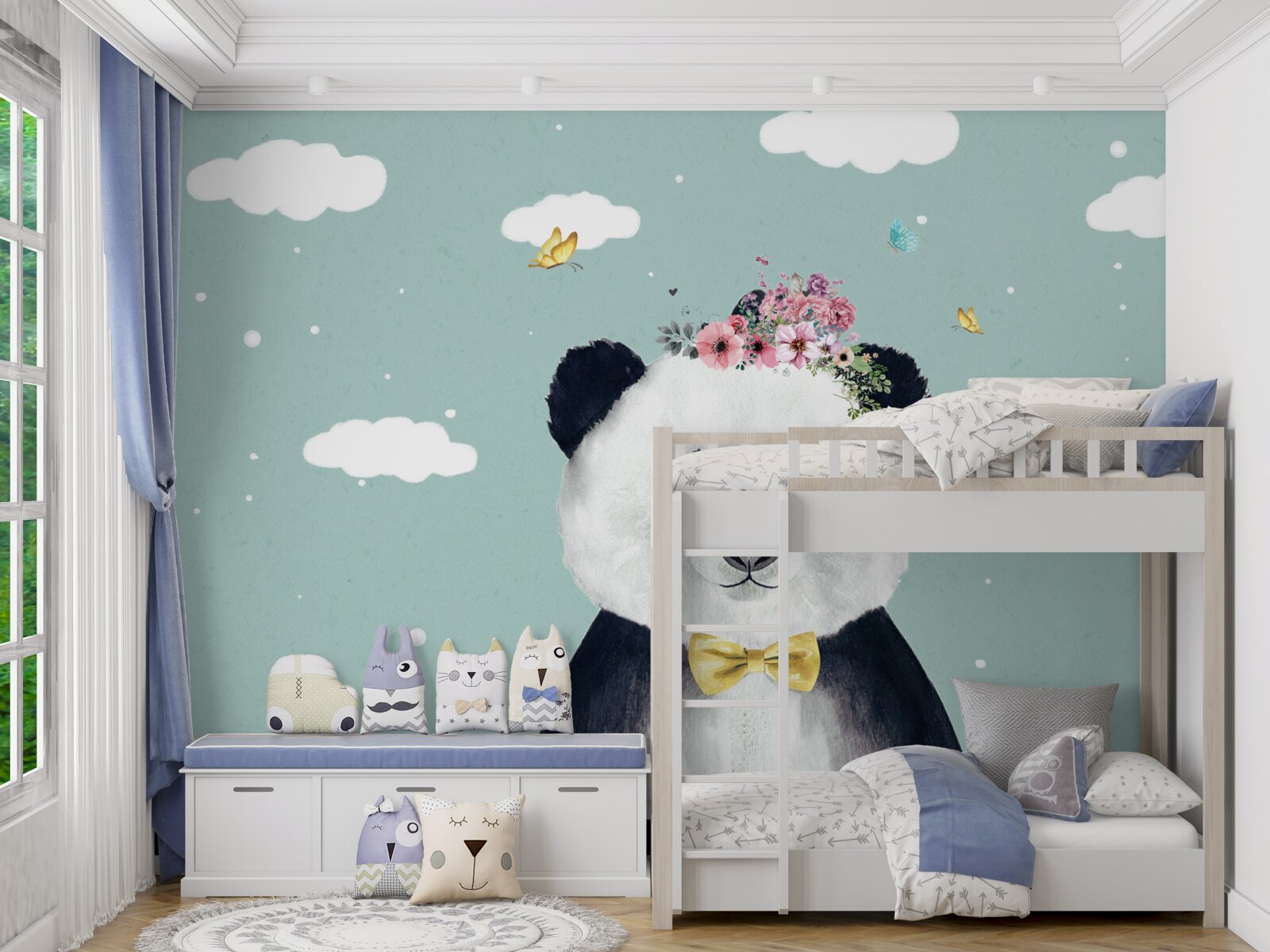 Fototapeta oblaky sa stali pozadím pre pandu s kvetmi