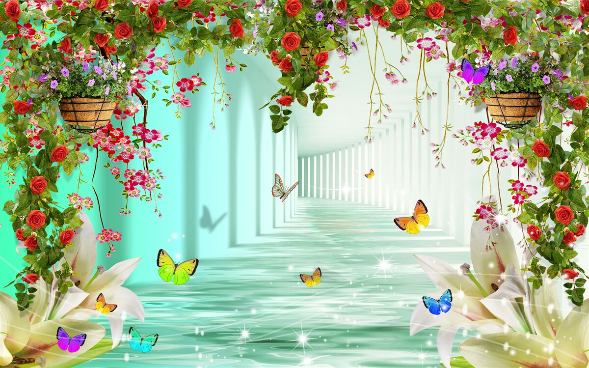 Fototapeta motýle a jarné kvety v tuneli