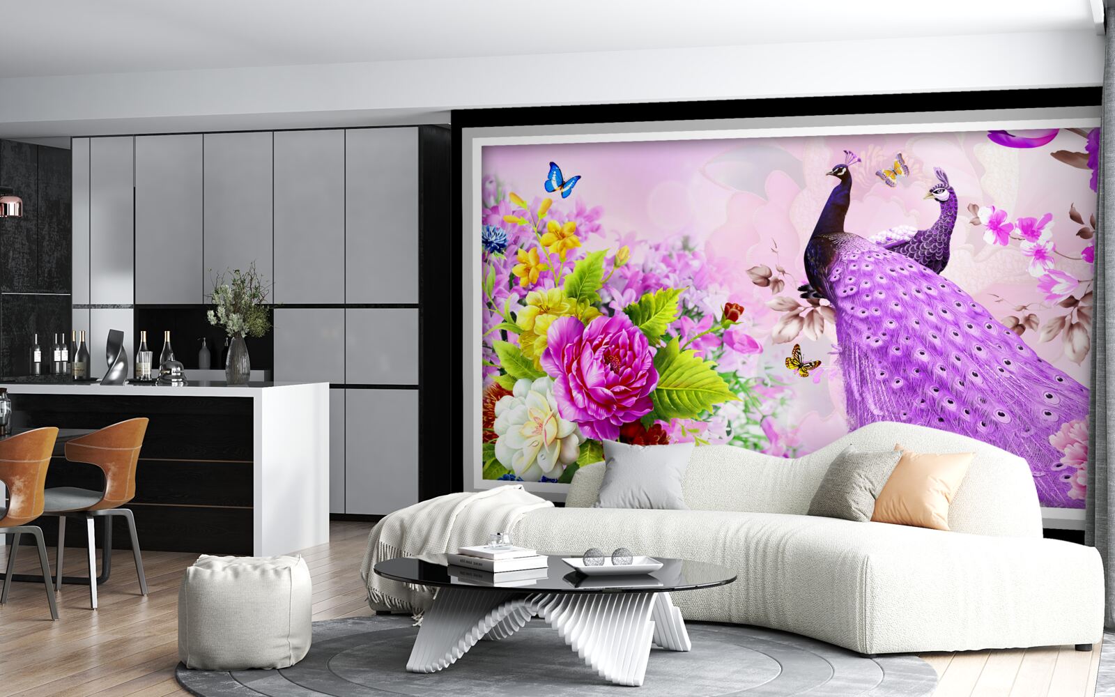 Fototapeta Medzi kvetmi sú dva fialové pávy