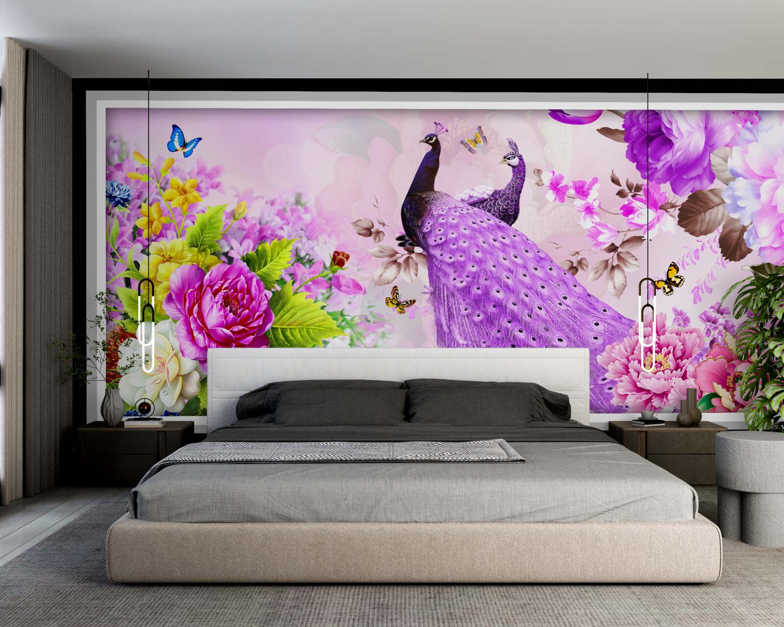 Fototapeta Medzi kvetmi sú dva fialové pávy