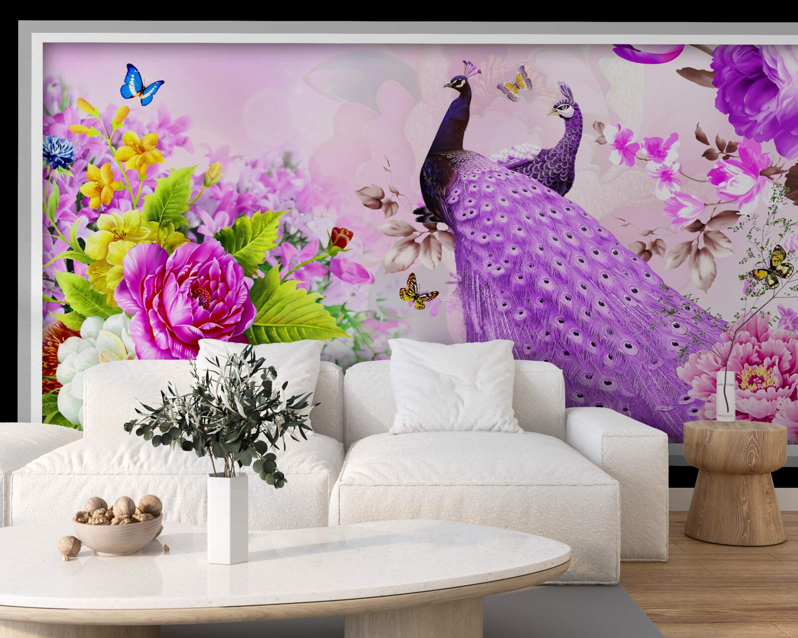 Fototapeta Medzi kvetmi sú dva fialové pávy