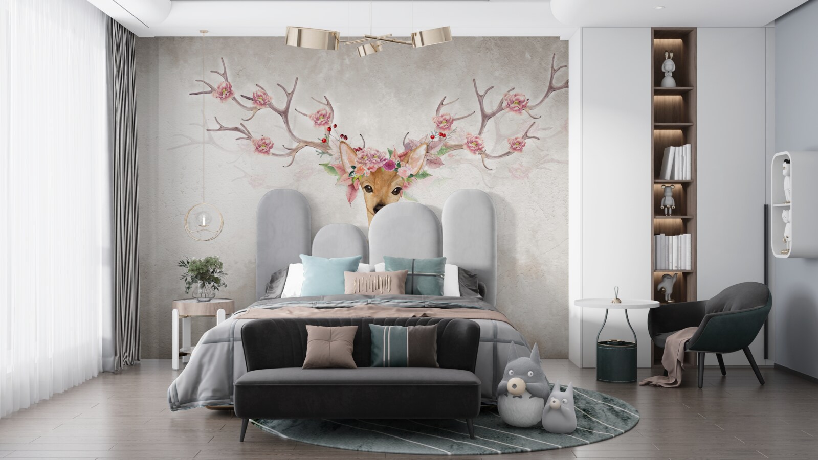 Fototapeta obraz zobrazuje jeleňa s kvetinovou výzdobou na parožiach