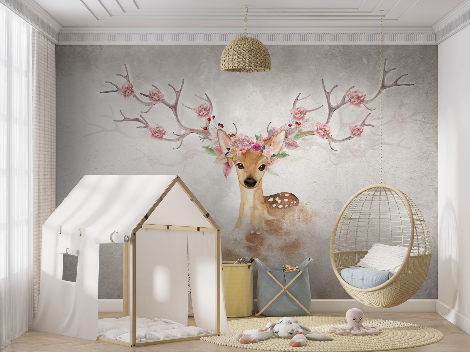 Fototapeta obraz zobrazuje jeleňa s kvetinovou výzdobou na parožiach