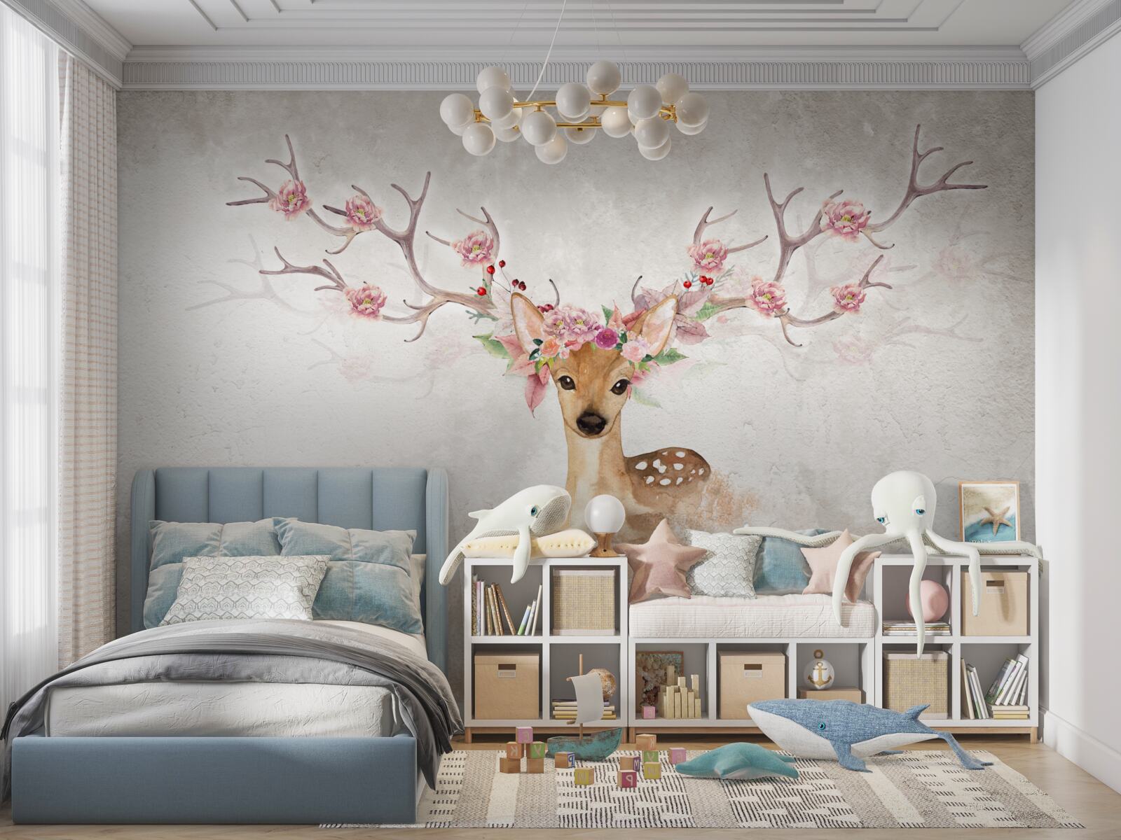 Fototapeta obraz zobrazuje jeleňa s kvetinovou výzdobou na parožiach