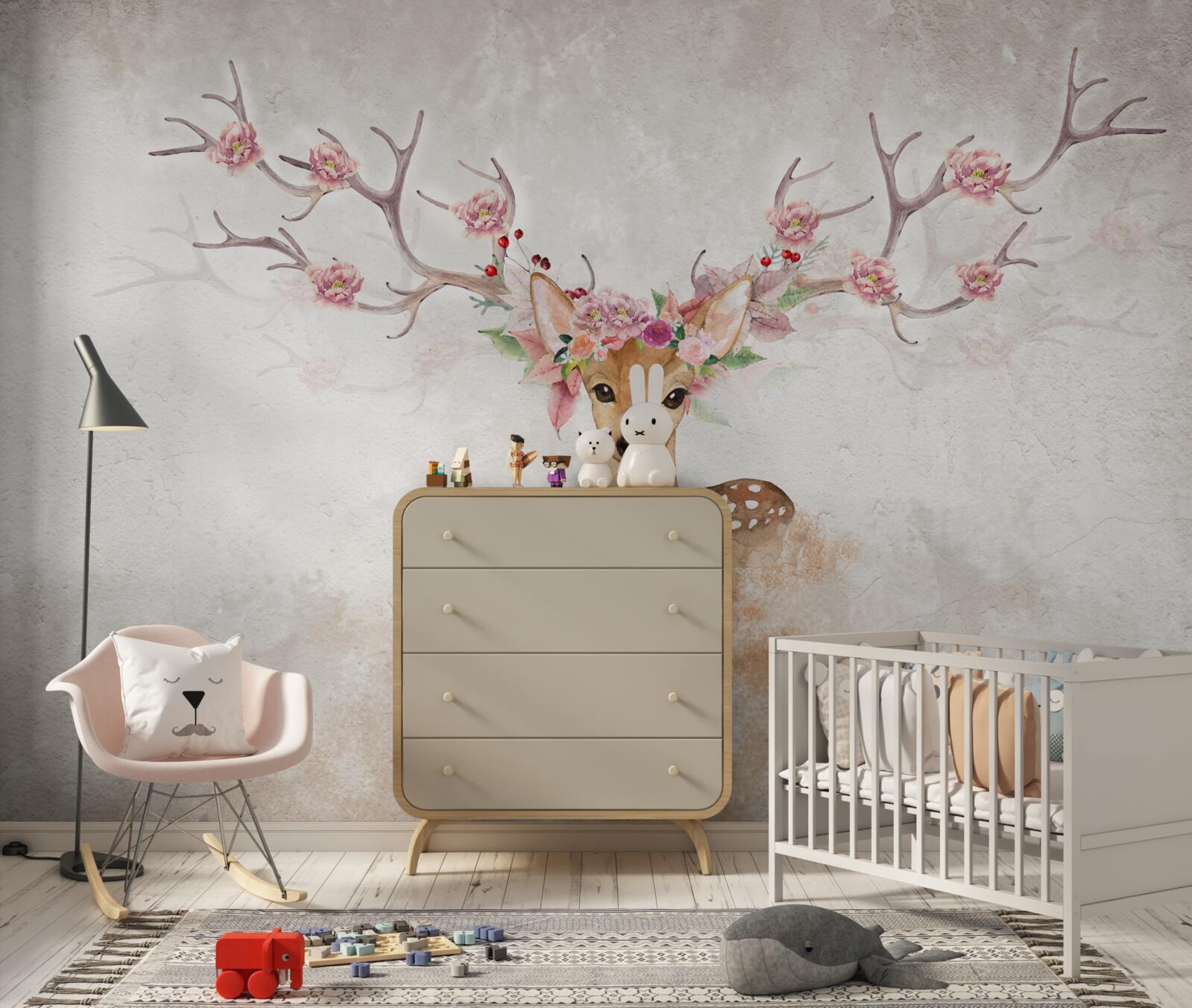 Fototapeta obraz zobrazuje jeleňa s kvetinovou výzdobou na parožiach