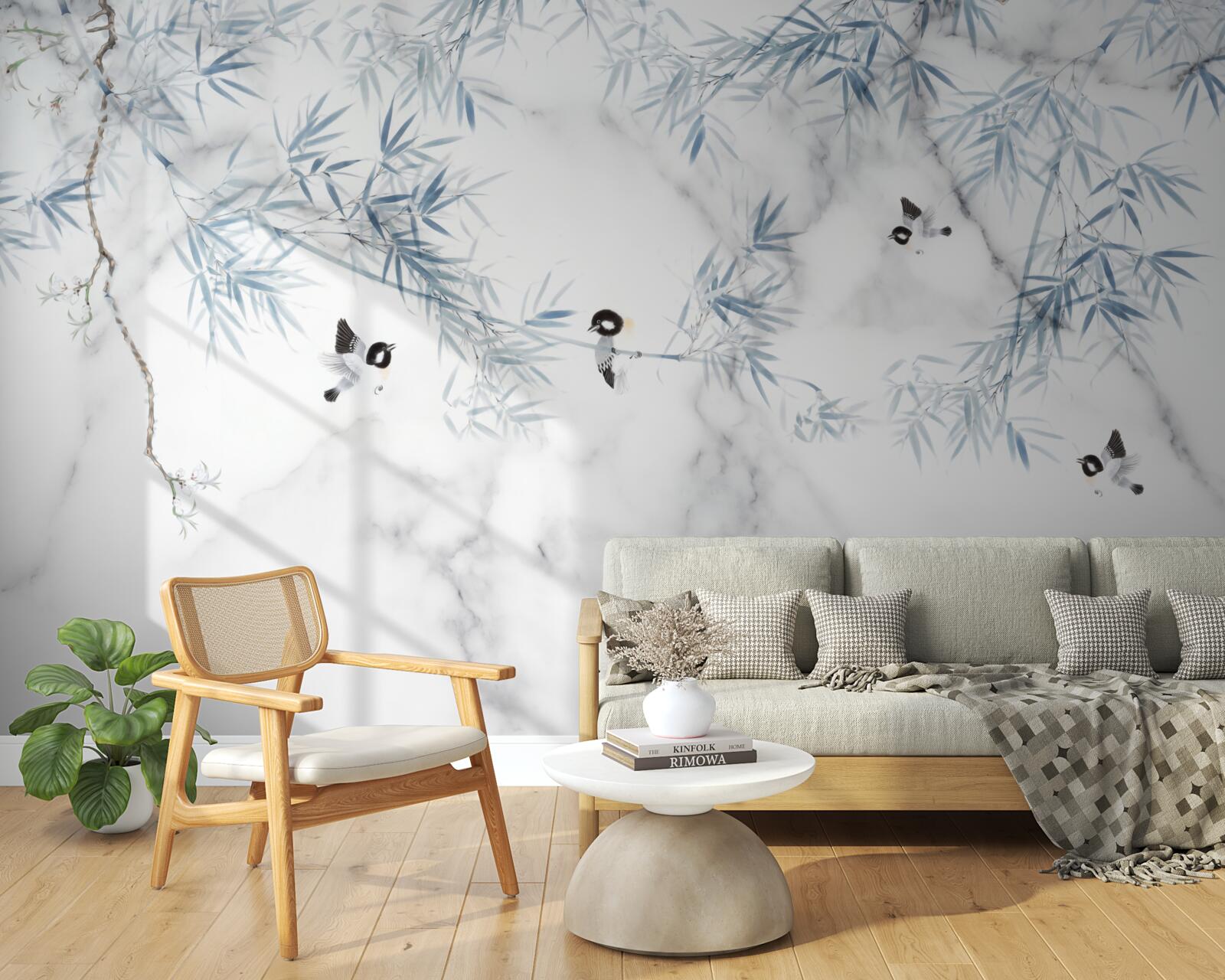 Fototapeta mramor je snehobiely, na konároch sa drobia vtáky