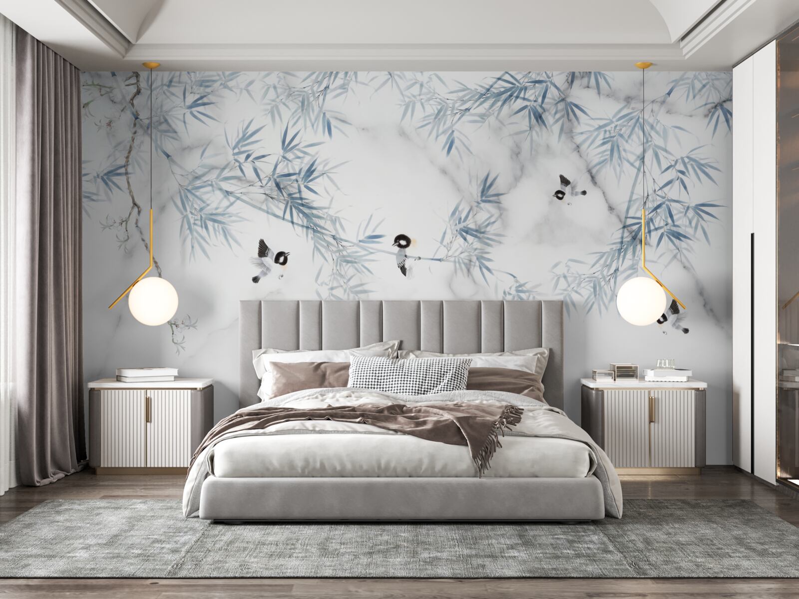 Fototapeta mramor je snehobiely, na konároch sa drobia vtáky