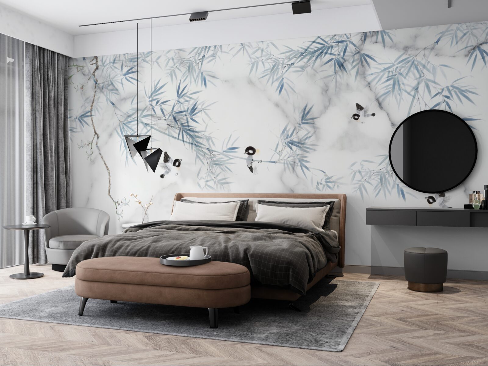 Fototapeta mramor je snehobiely, na konároch sa drobia vtáky