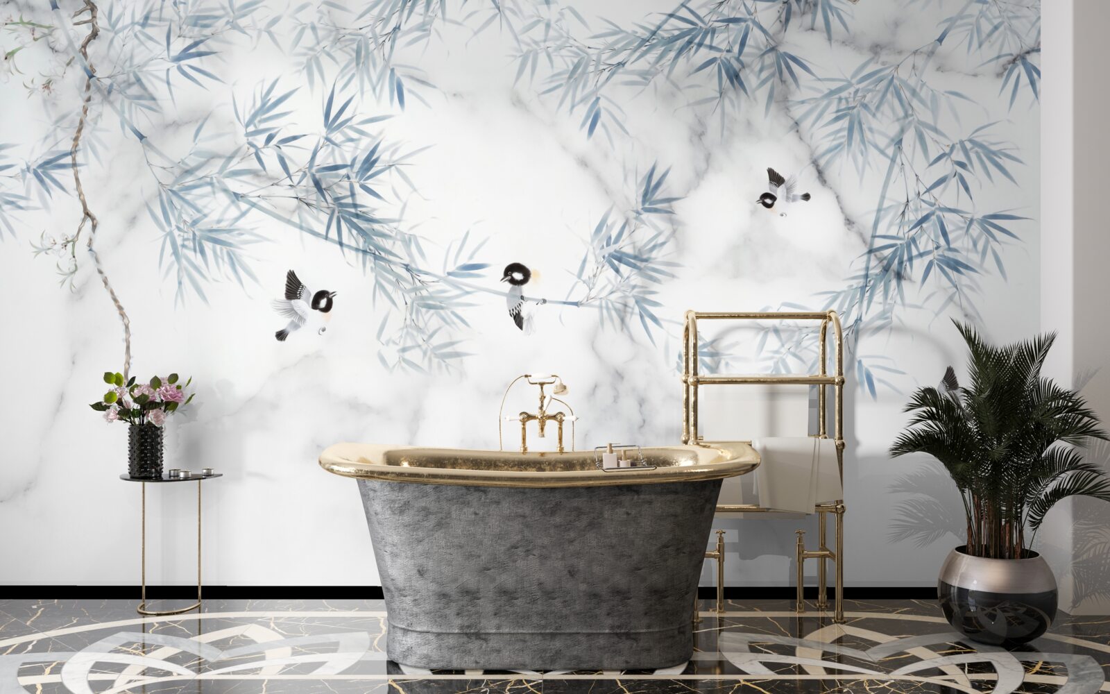 Fototapeta mramor je snehobiely, na konároch sa drobia vtáky