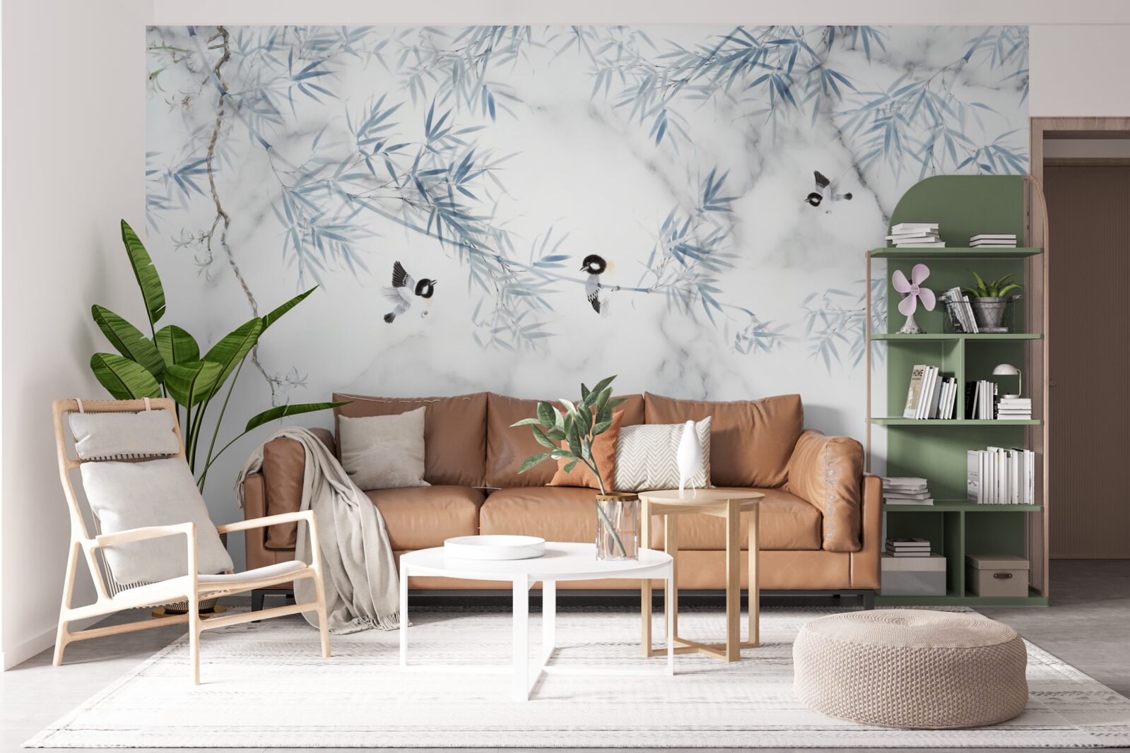 Fototapeta mramor je snehobiely, na konároch sa drobia vtáky