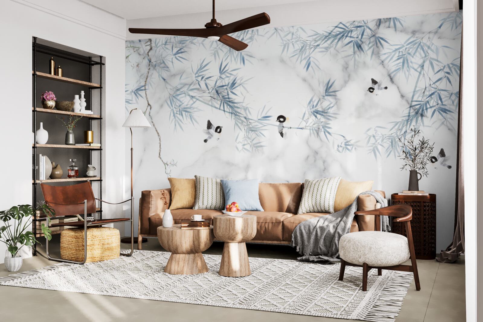 Fototapeta mramor je snehobiely, na konároch sa drobia vtáky