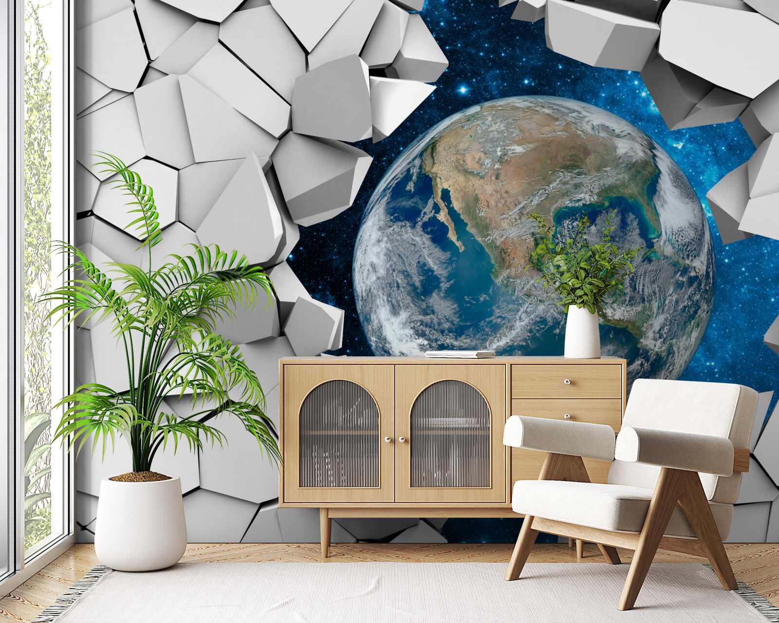 Fototapeta pohľad na areál cez rozbitú stenu