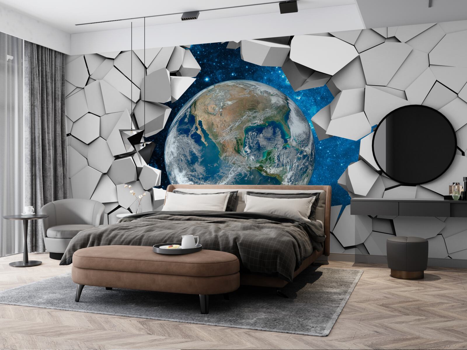 Fototapeta pohľad na areál cez rozbitú stenu