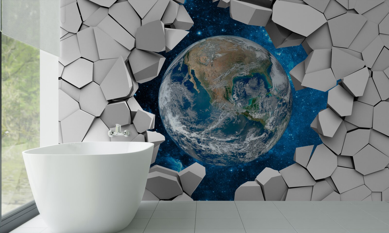 Fototapeta pohľad na areál cez rozbitú stenu