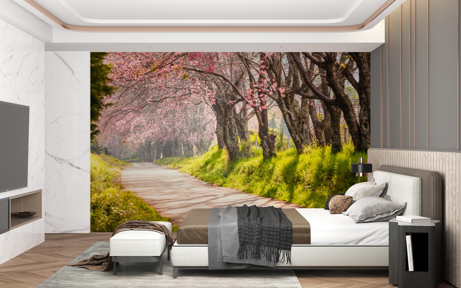 Fototapeta stromy kvitnúce pozdĺž tichej diaľnice