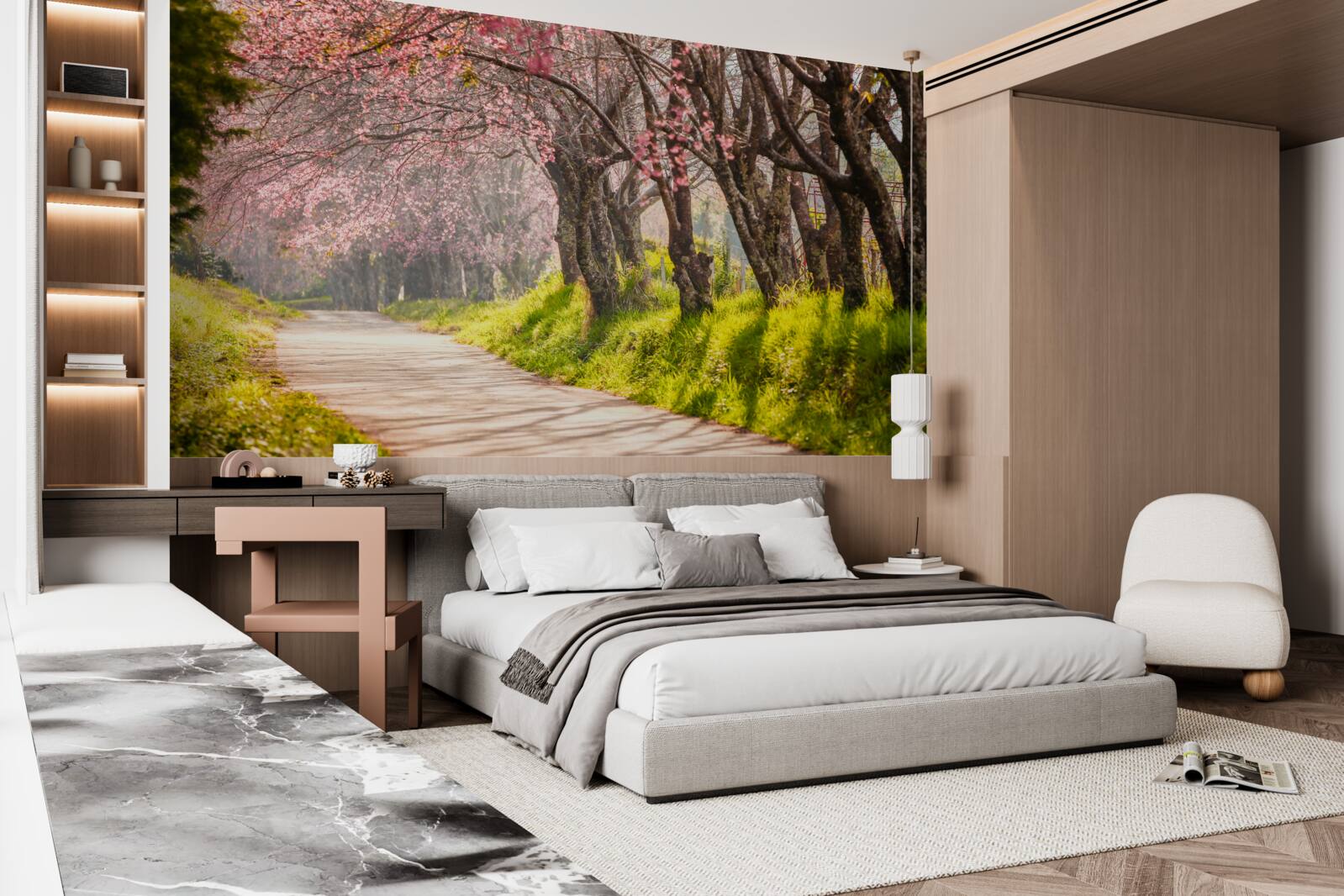 Fototapeta stromy kvitnúce pozdĺž tichej diaľnice