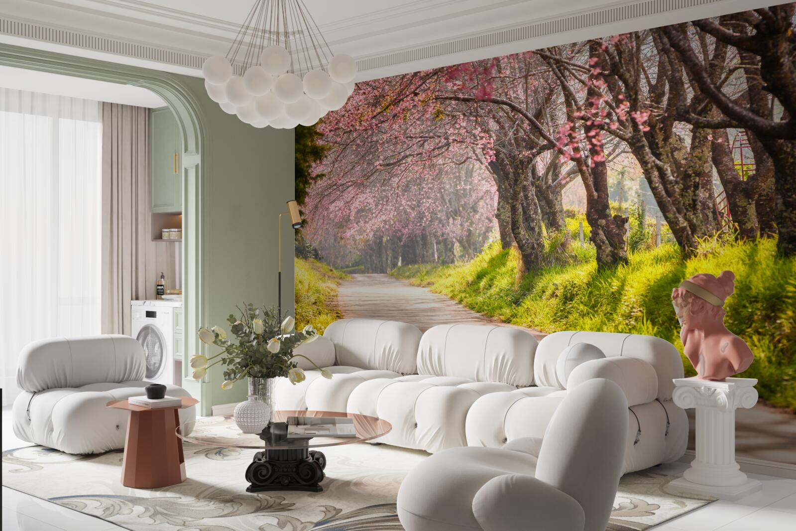 Fototapeta stromy kvitnúce pozdĺž tichej diaľnice