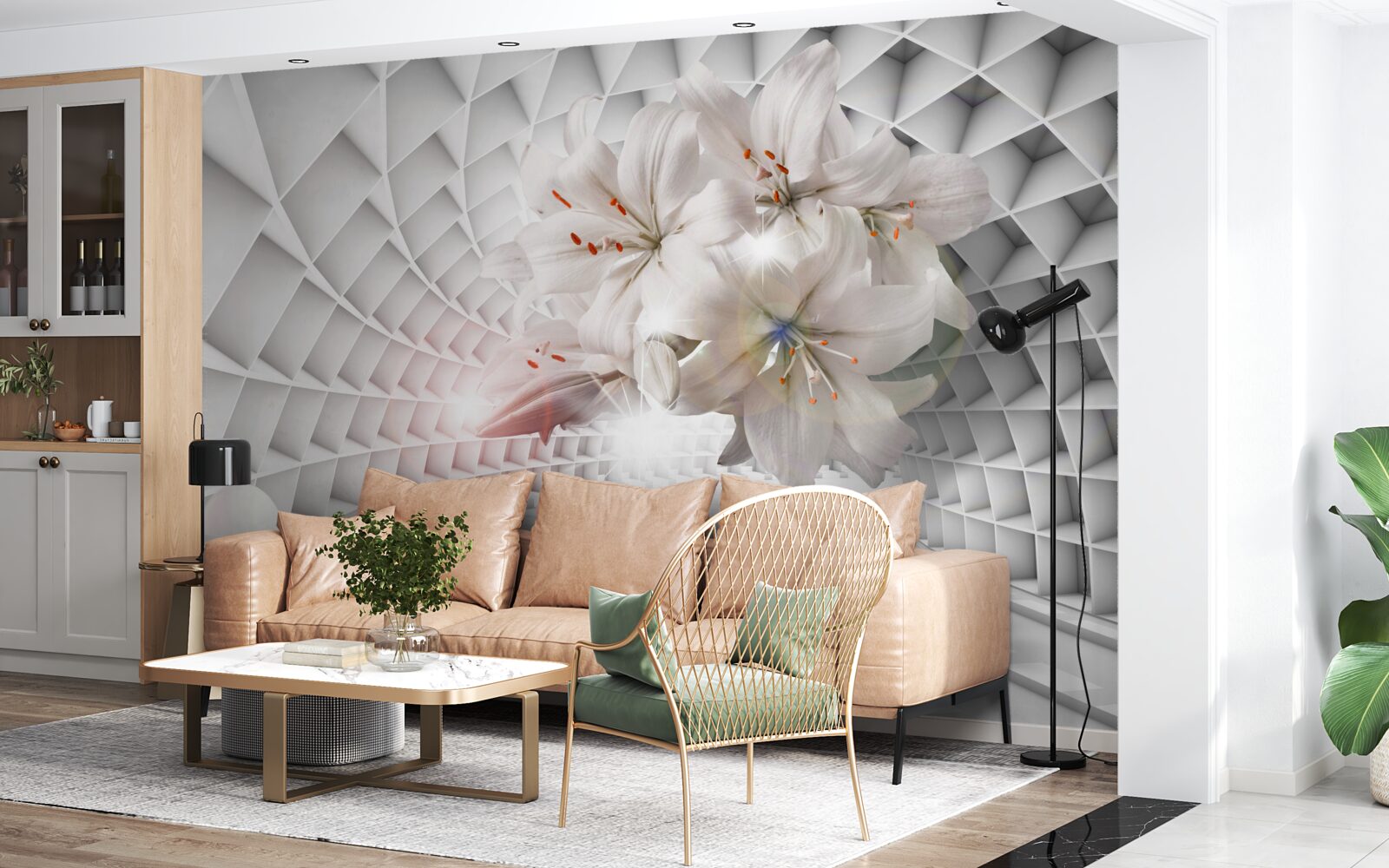 Fototapeta Snehobiele kvety na zlatých vetvách