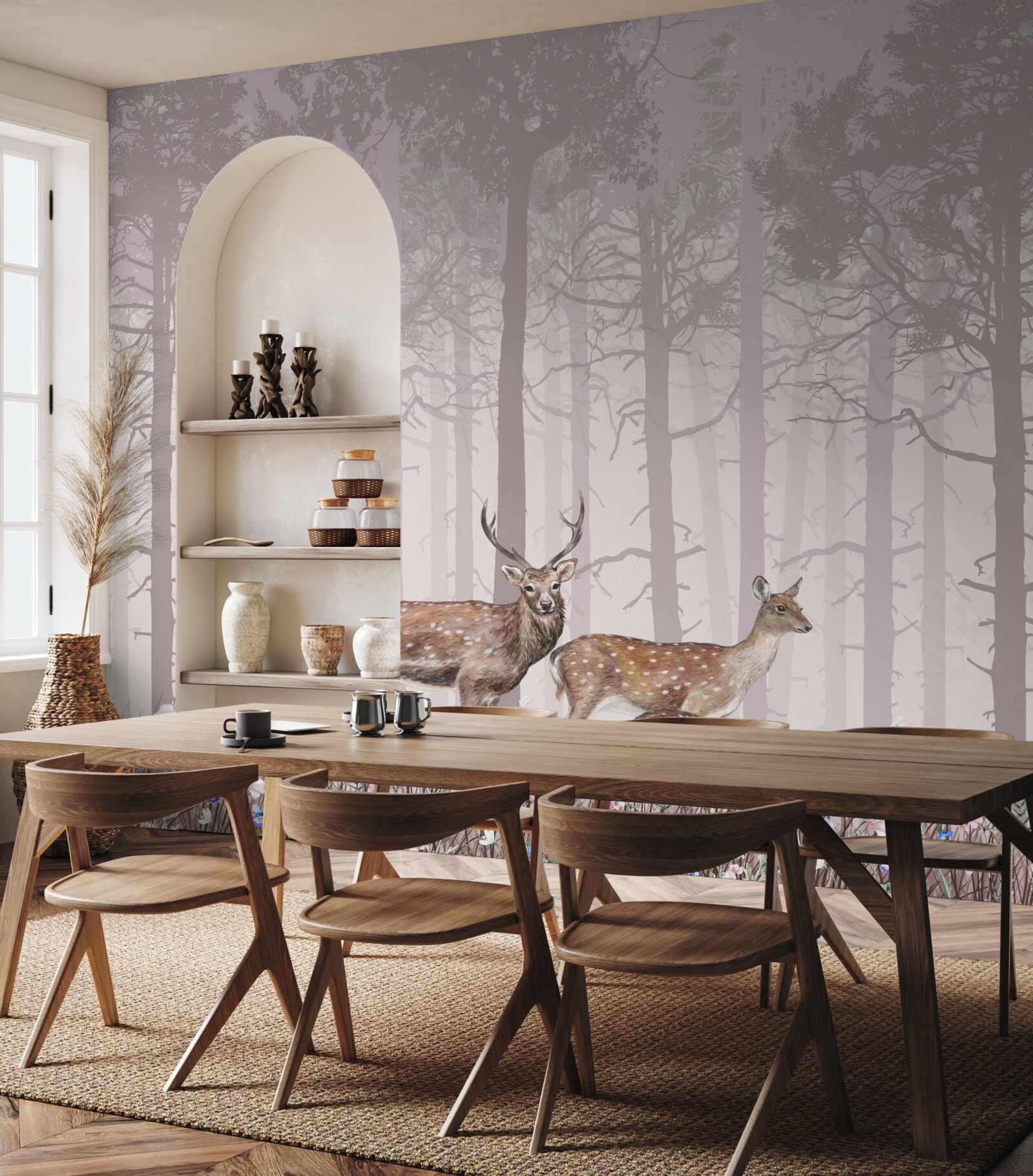 Fototapeta skupina jeleňov v hmlistom borovicovom lese