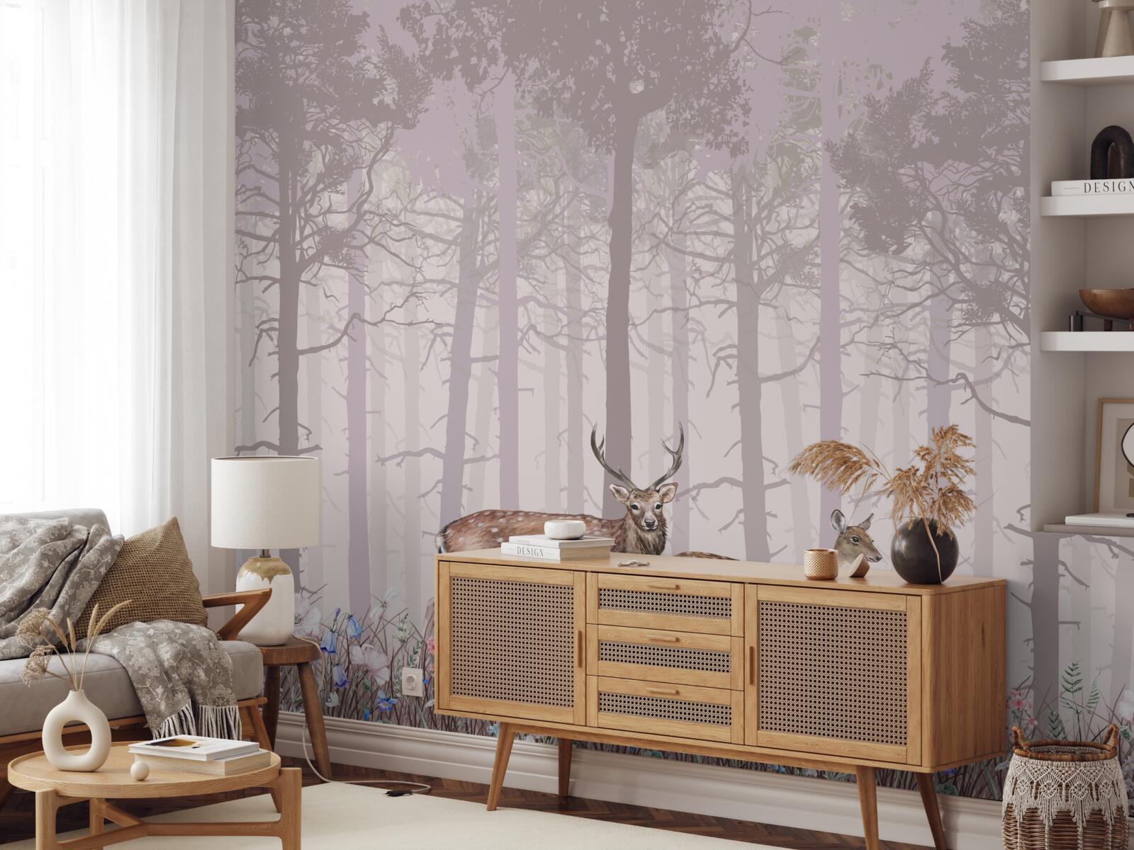 Fototapeta skupina jeleňov v hmlistom borovicovom lese