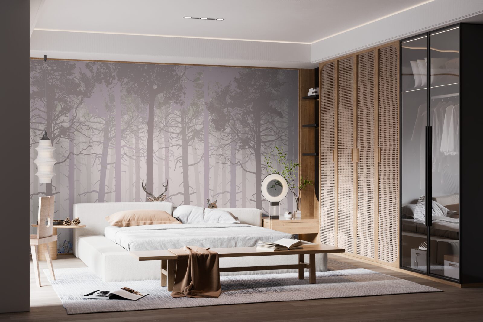 Fototapeta skupina jeleňov v hmlistom borovicovom lese