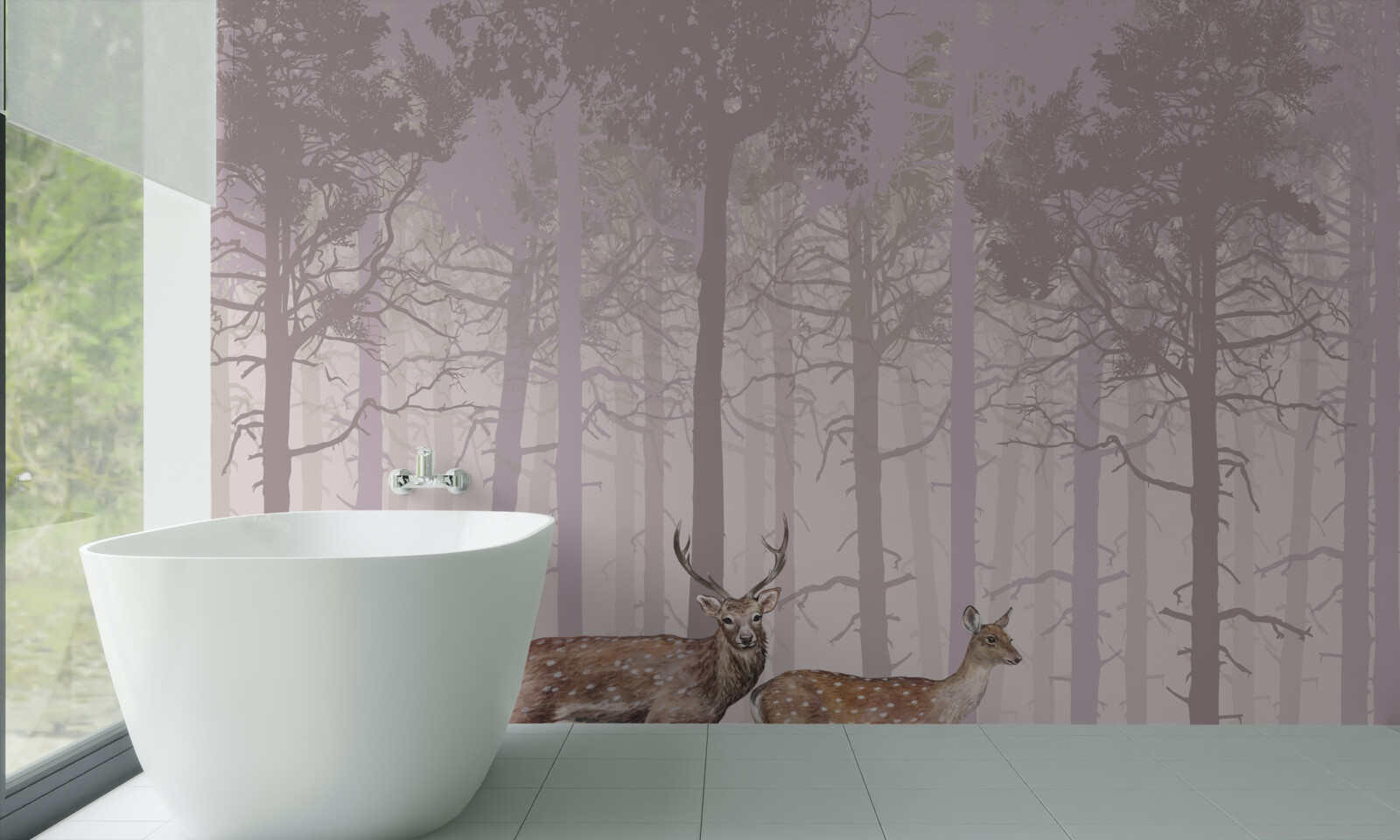 Fototapeta skupina jeleňov v hmlistom borovicovom lese