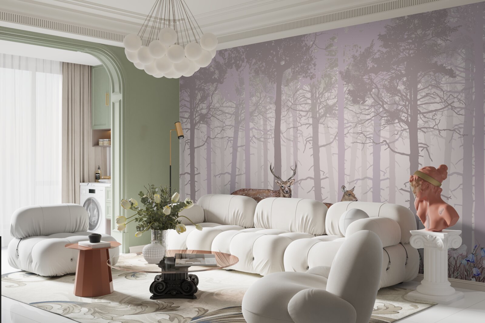 Fototapeta skupina jeleňov v hmlistom borovicovom lese