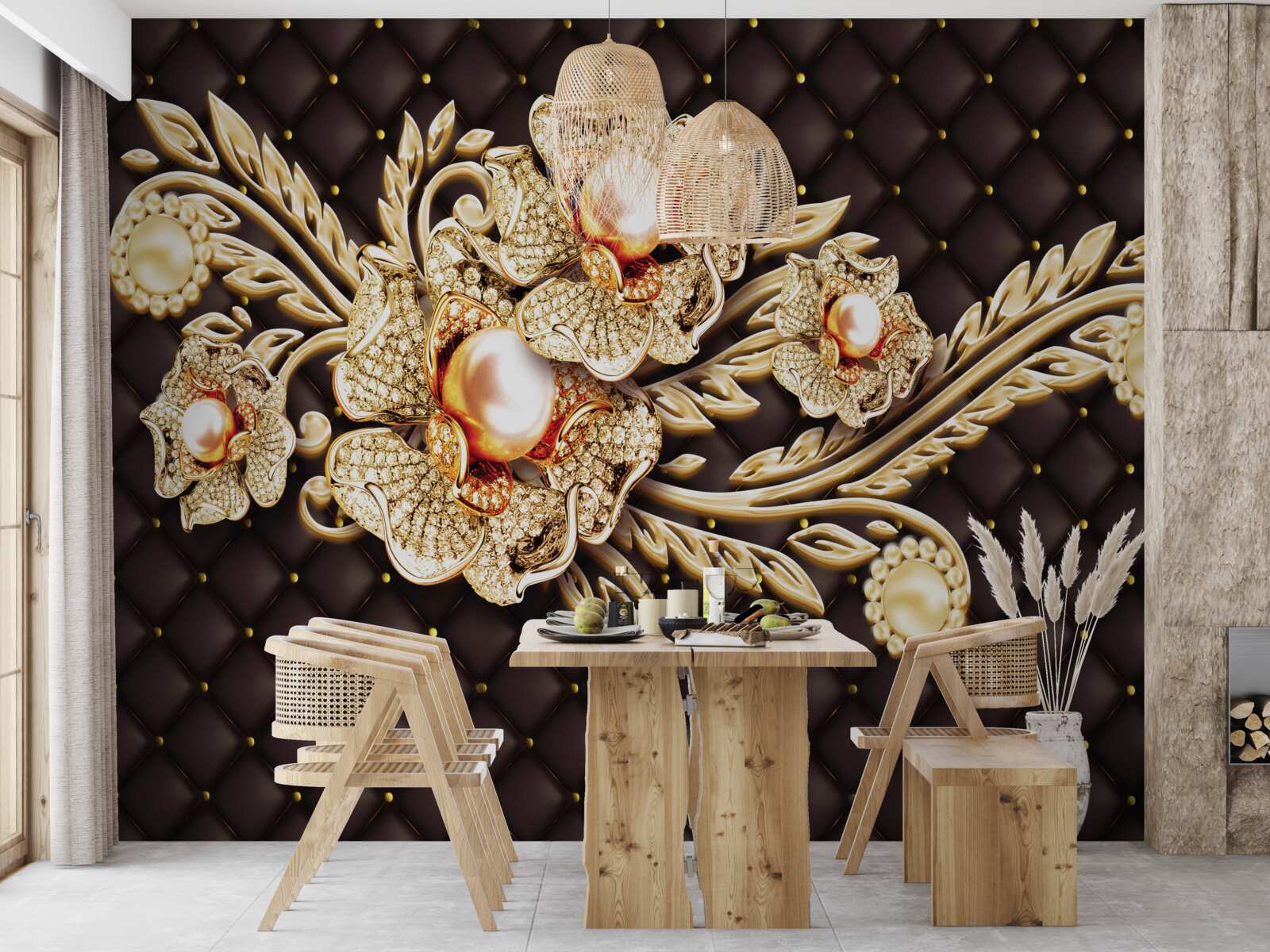 Fototapeta zlaté kvety zdobené drahými kameňmi