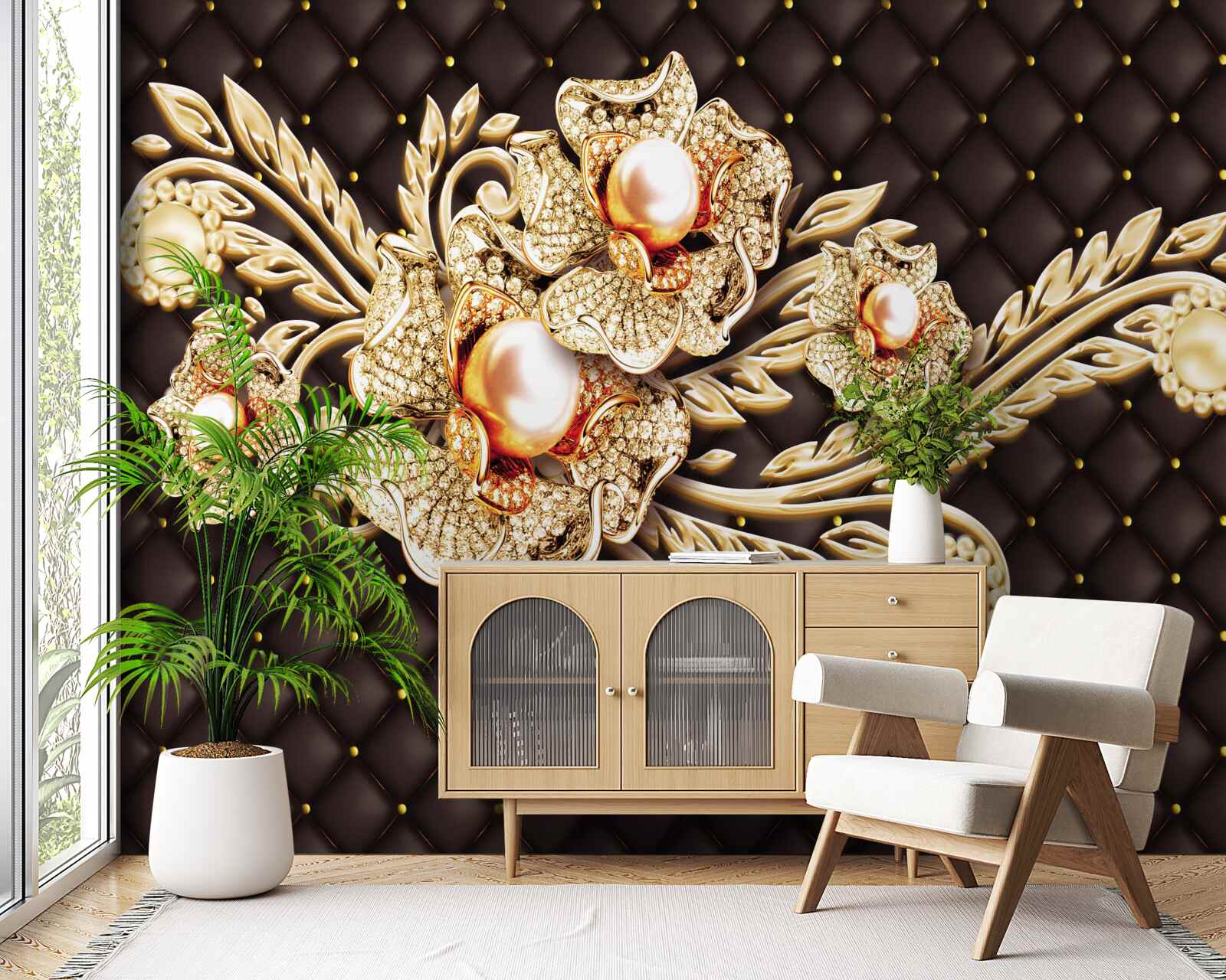 Fototapeta zlaté kvety zdobené drahými kameňmi