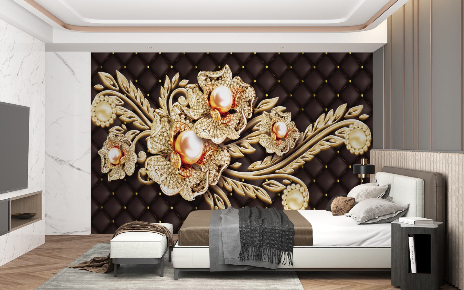 Fototapeta zlaté kvety zdobené drahými kameňmi