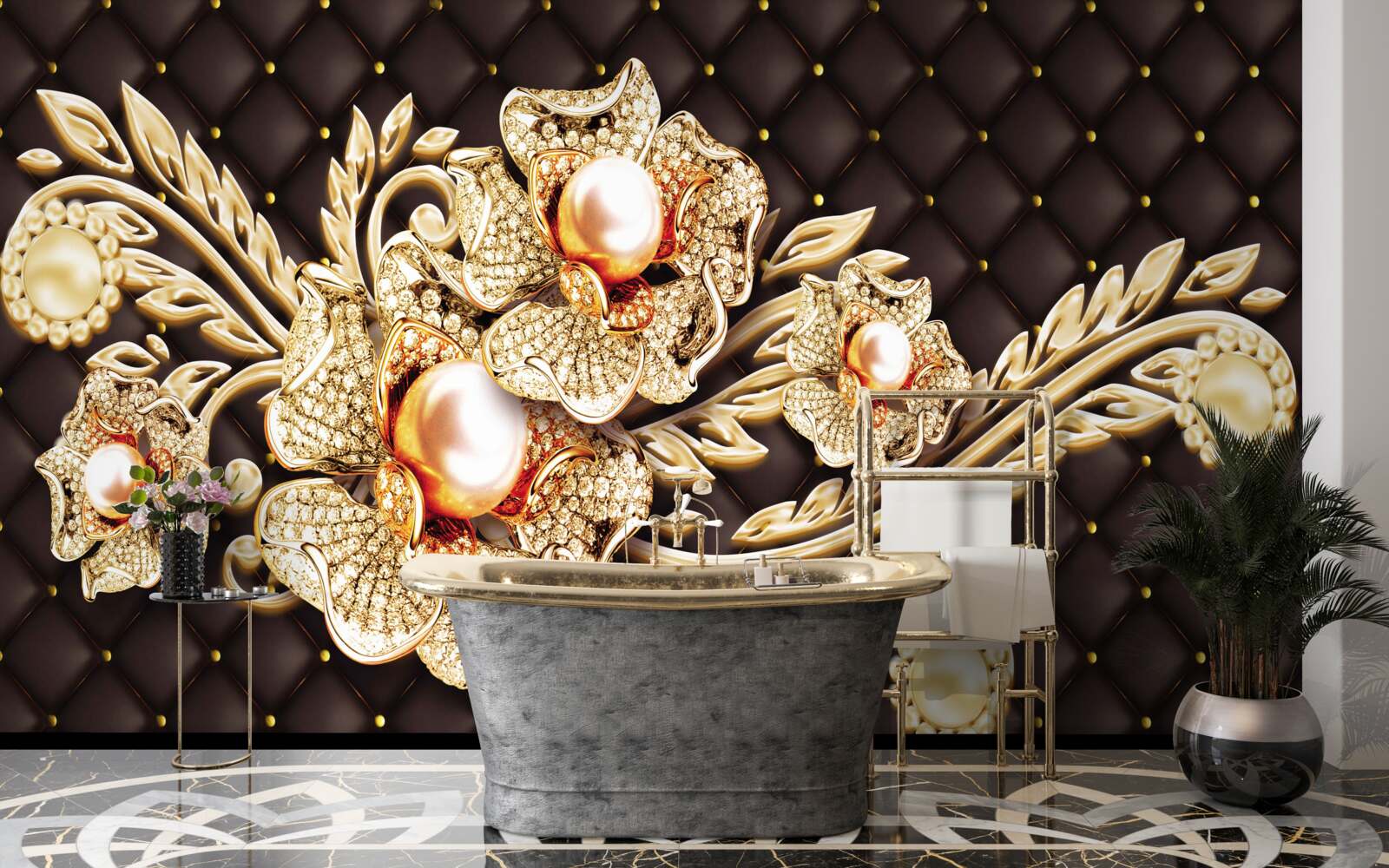 Fototapeta zlaté kvety zdobené drahými kameňmi