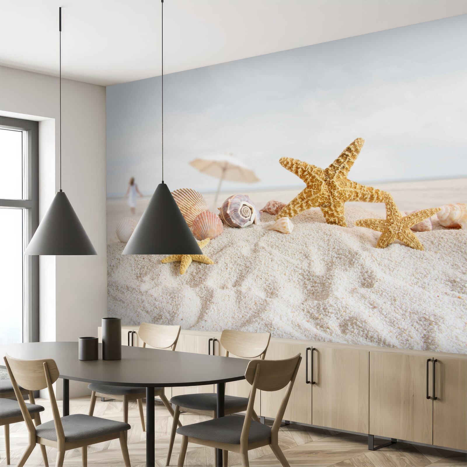 Fototapeta hviezdice a mušle ležia na piesku