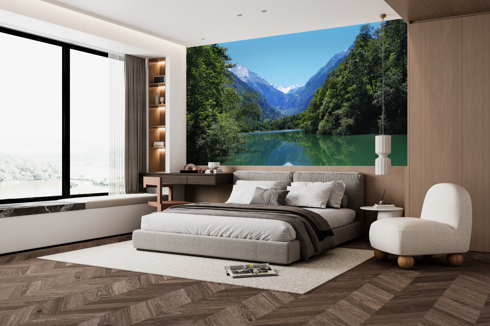 Fototapeta pokojná vodná plocha ukrytá v hustom lese na svahoch hôr