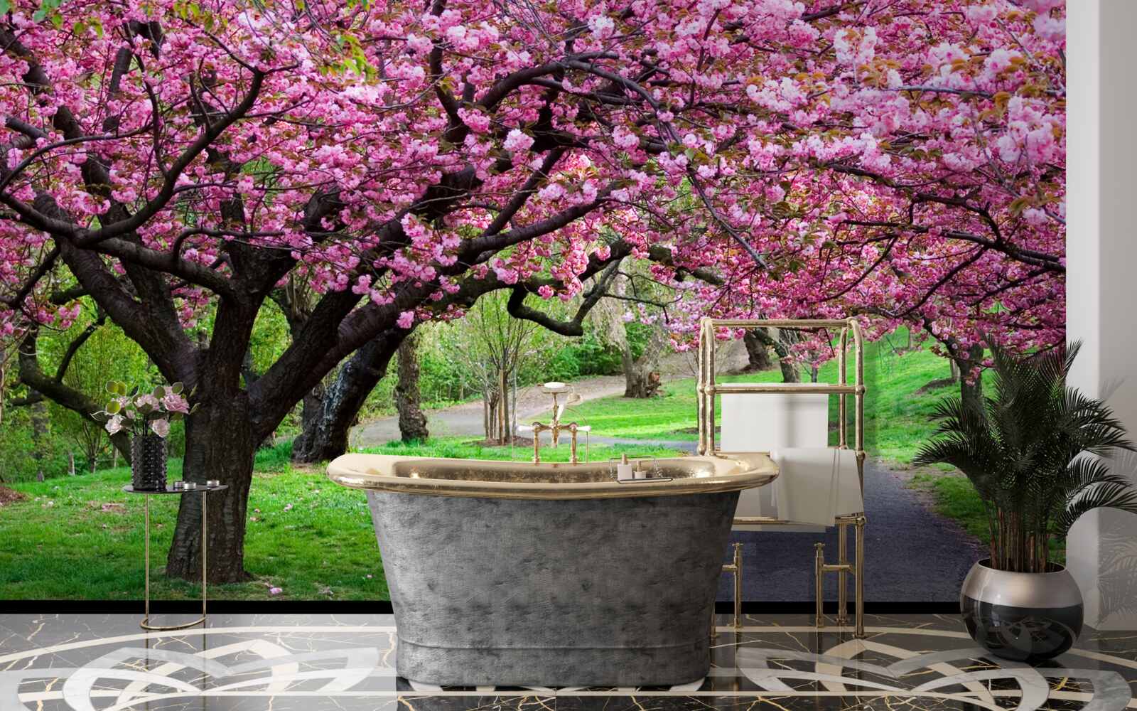 Fototapeta ulička v parku posiata kvetmi