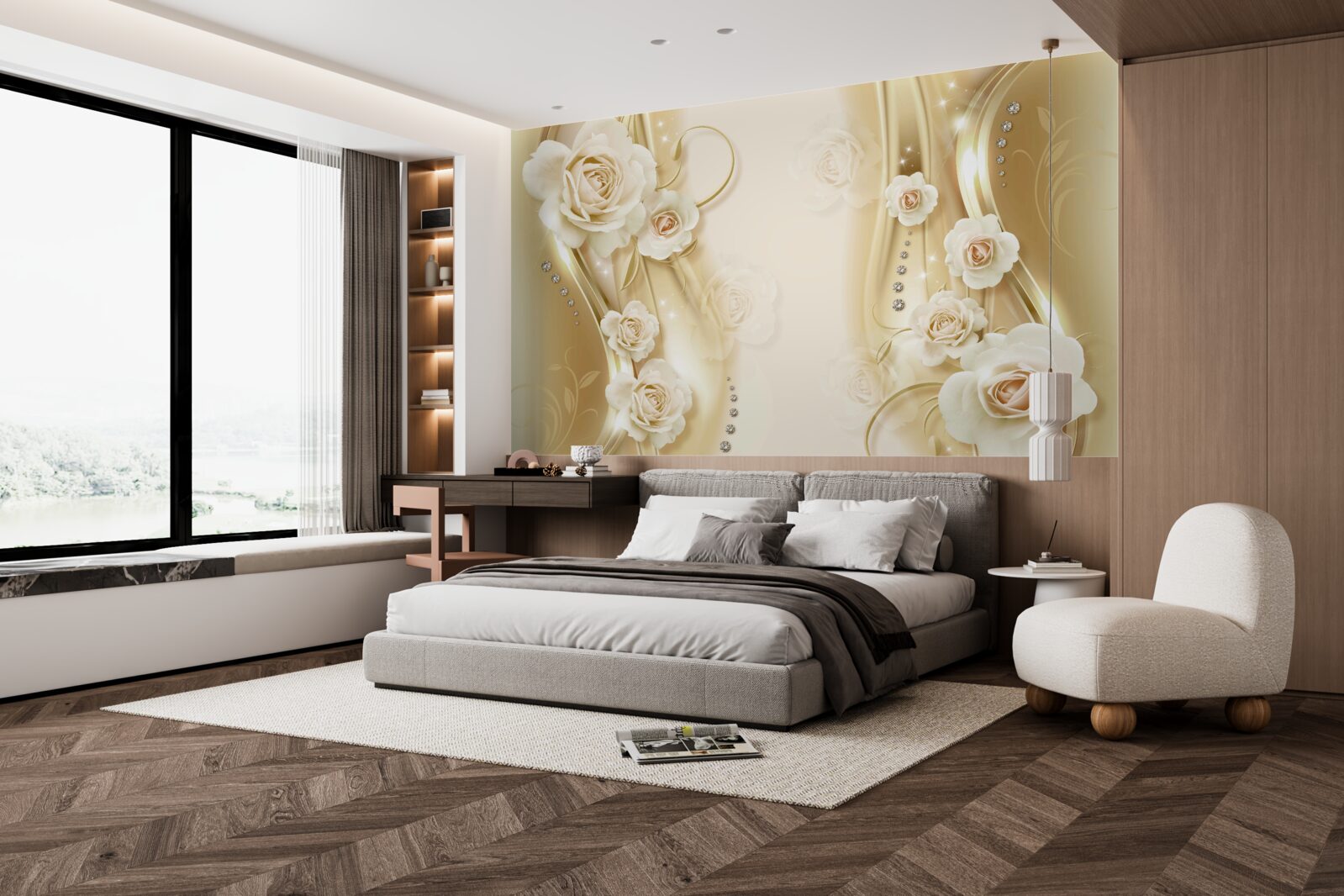 Fototapeta na hnedom podklade sú biele ruže