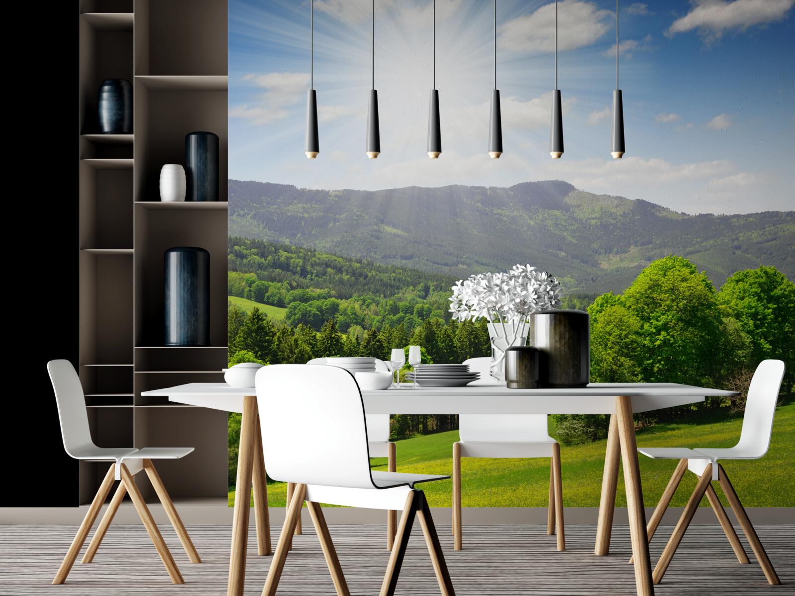 Fototapeta slnko je na najvyššom bode nad zelenou lúkou