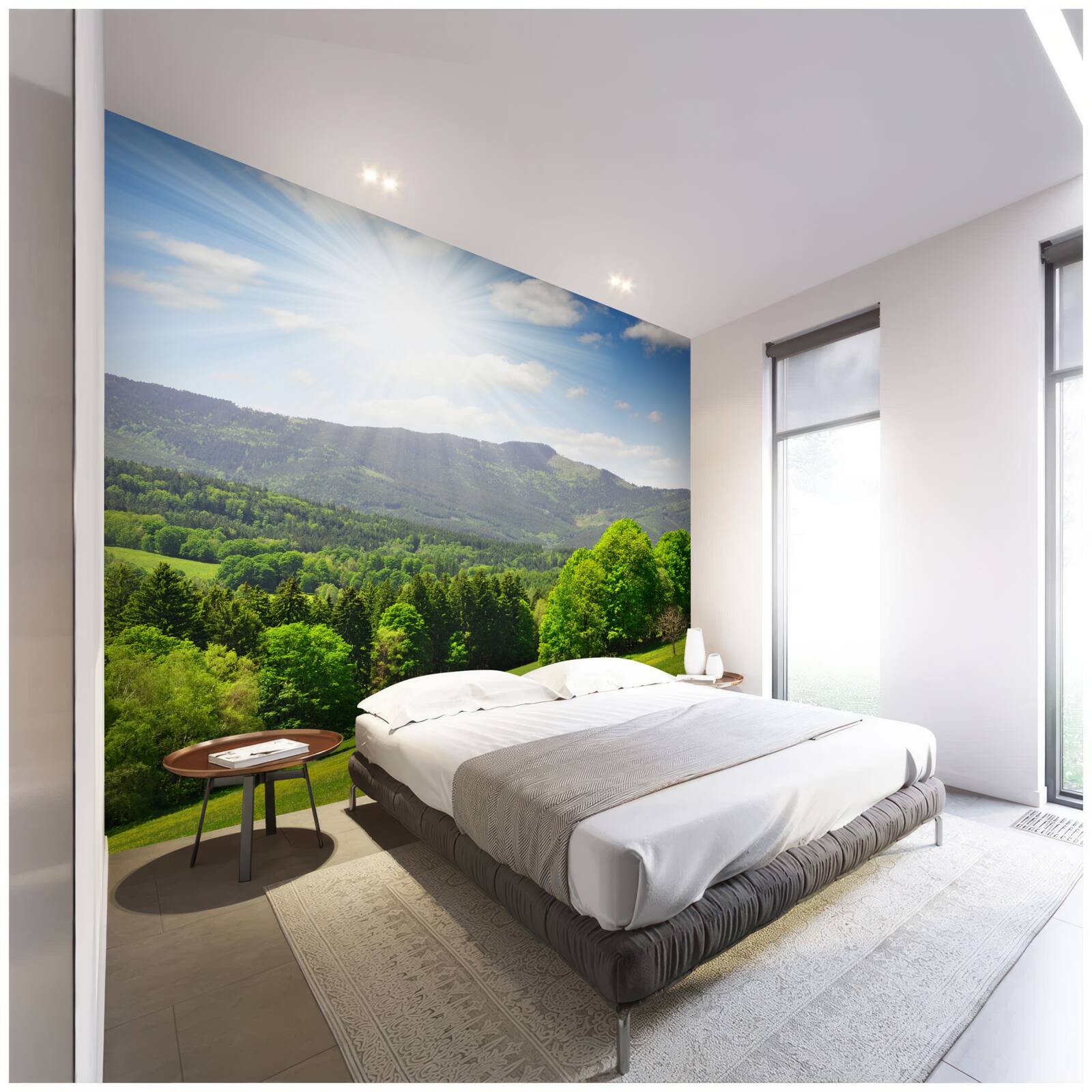 Fototapeta slnko je na najvyššom bode nad zelenou lúkou