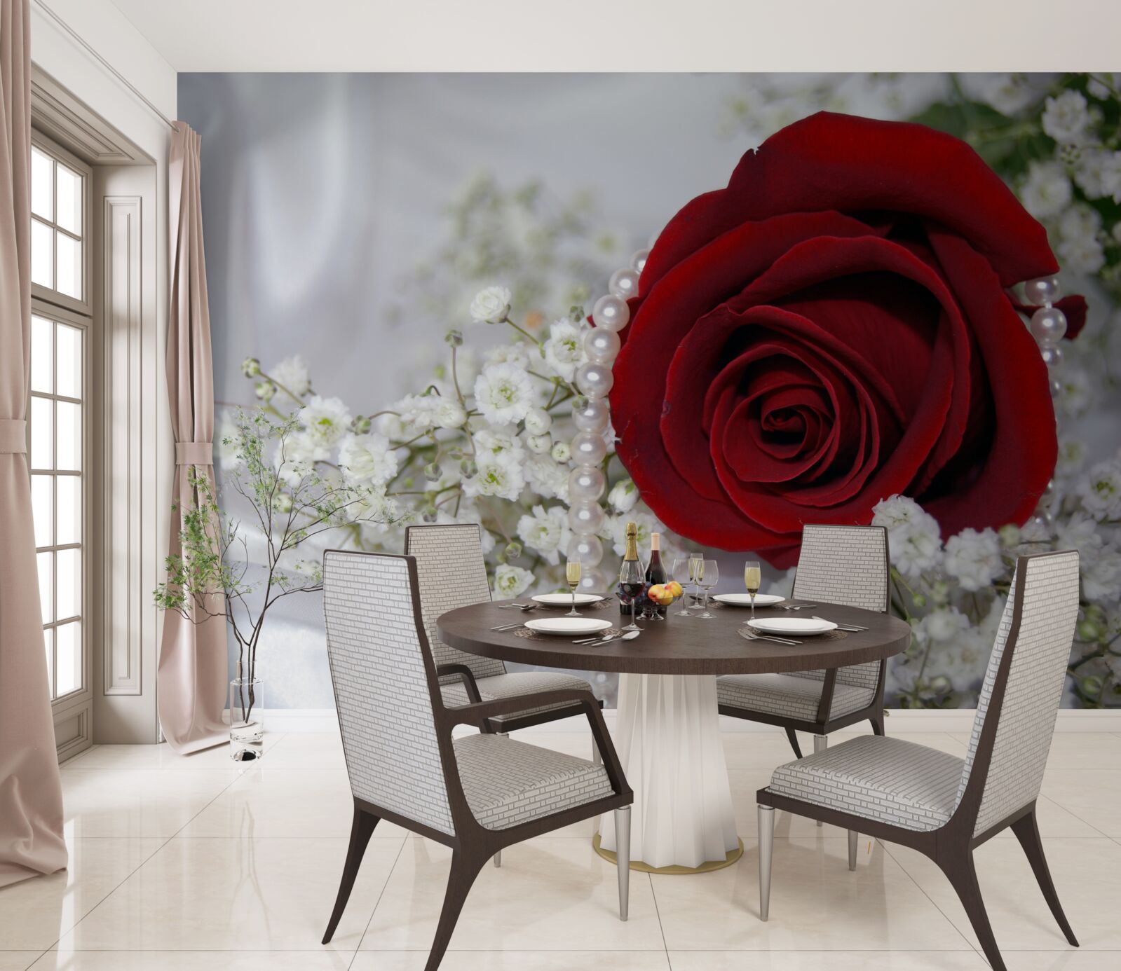 Fototapeta na hodvábe je sedmokráska obklopená červenou ružou